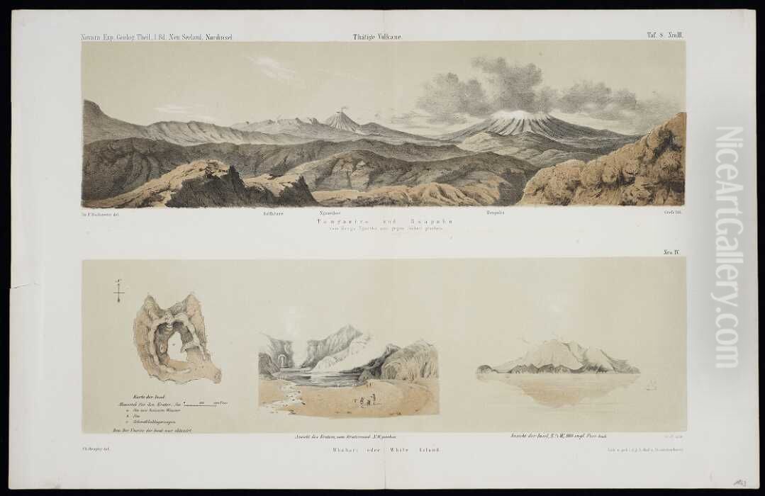 Tongariro und Ruapahu, vom Berge Ngariha aus gegen Sudost gesehen. Taf.8. Dr F. Hochstetter del. Whakari oder White Island.  Ch. Heaphy Oil Painting by Charles Heaphy