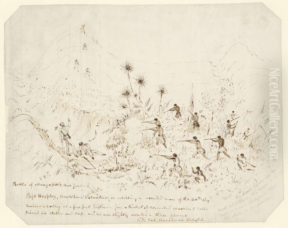 Battle of Mangapiko, New Zealand, Capt. Heaphy, Auckland Volunteers, in assisting a wounded man of the 40th Reg., received a volley at a few feet distance Oil Painting by Charles Heaphy