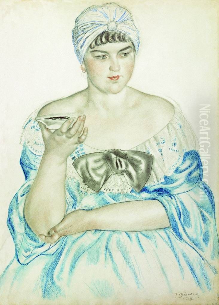 Women drinking tea Oil Painting by Boris Kustodiev