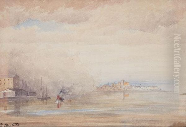 Docks And River Front, Montreal. Oil Painting by Walter Chesterton