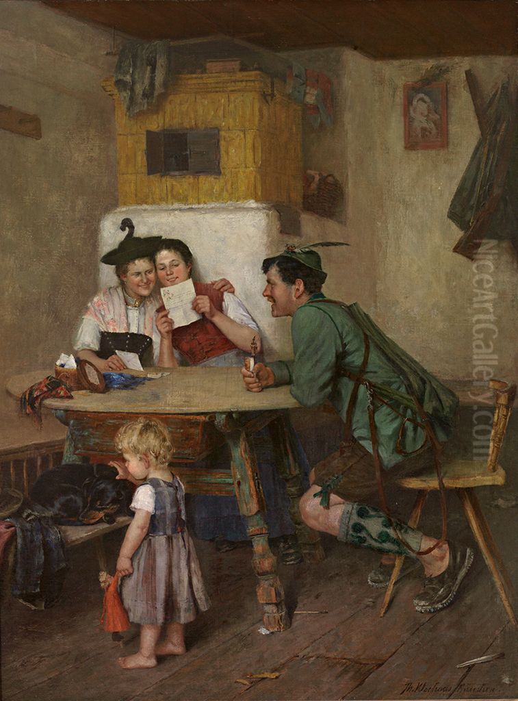 Familie liest einen Brief. Oil Painting by Theodor Kleehaas