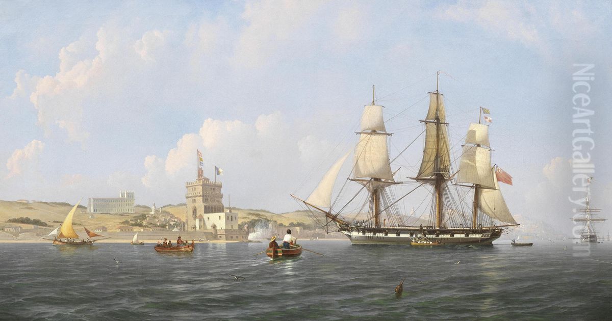An English frigate arriving in the Tagus off the Belem Tower Oil Painting by Joseph Schranz
