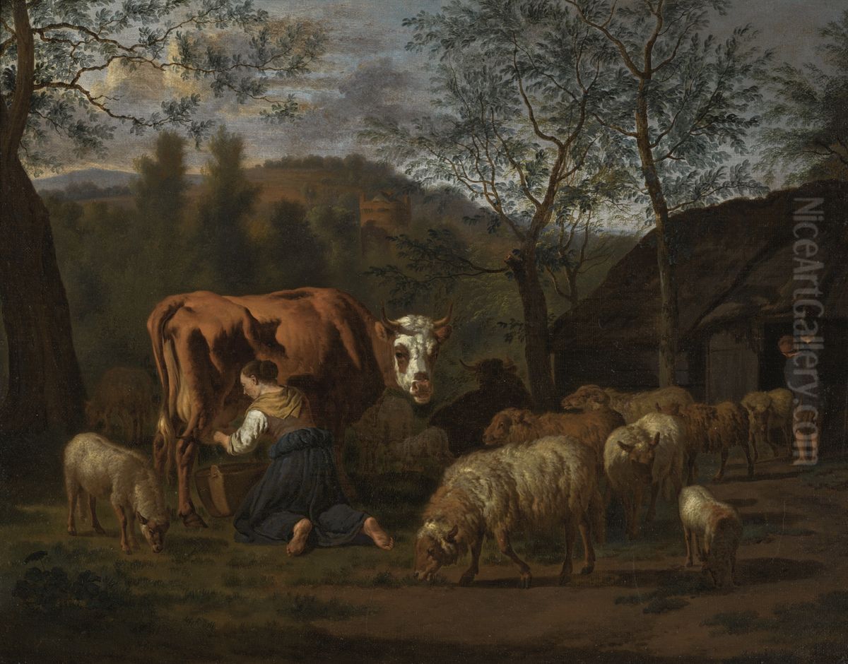 Maid milking a cow, surrounded by sheep Oil Painting by Adriaen Van De Velde