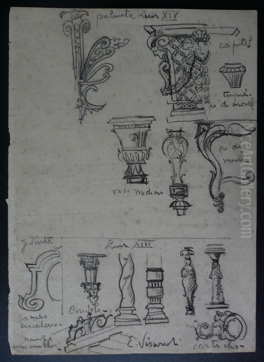 Pecas torneadas em madeira - Desmembrado de um caderno de anotacoes Oil Painting by Eliseu Visconti