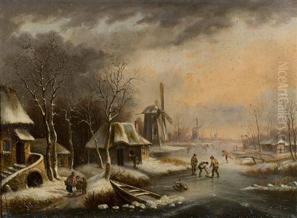 Winter Scene With Figures Playing On A Frozen River Withwindmills In The Background Oil Painting by Henri Chevalier