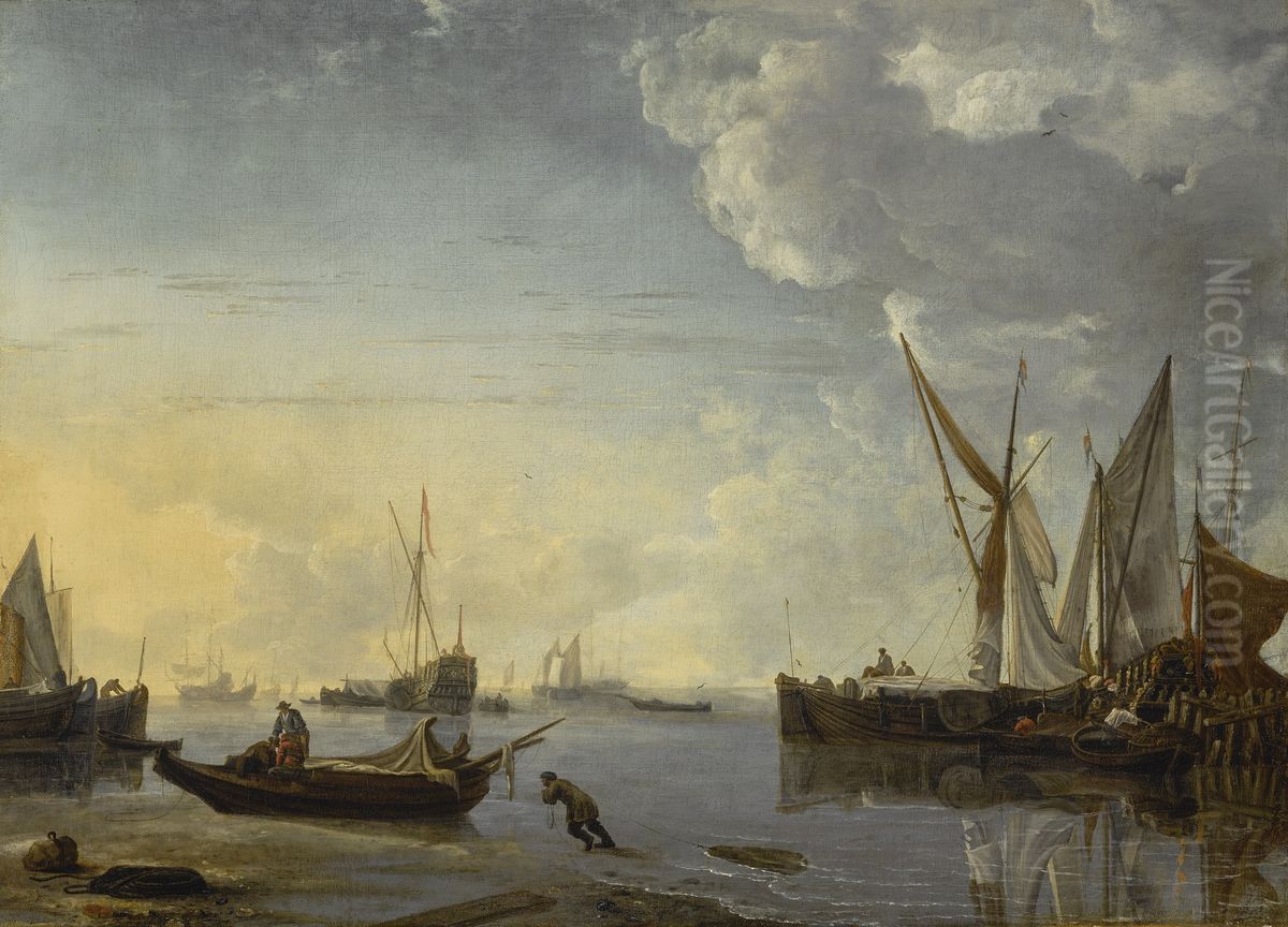 Haven met vissersboten en twee jachten Oil Painting by Hendrick Dubbels