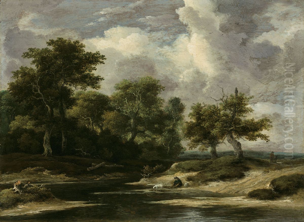 A wooded river landscape with a traveller and dog Oil Painting by Jacob Van Ruisdael