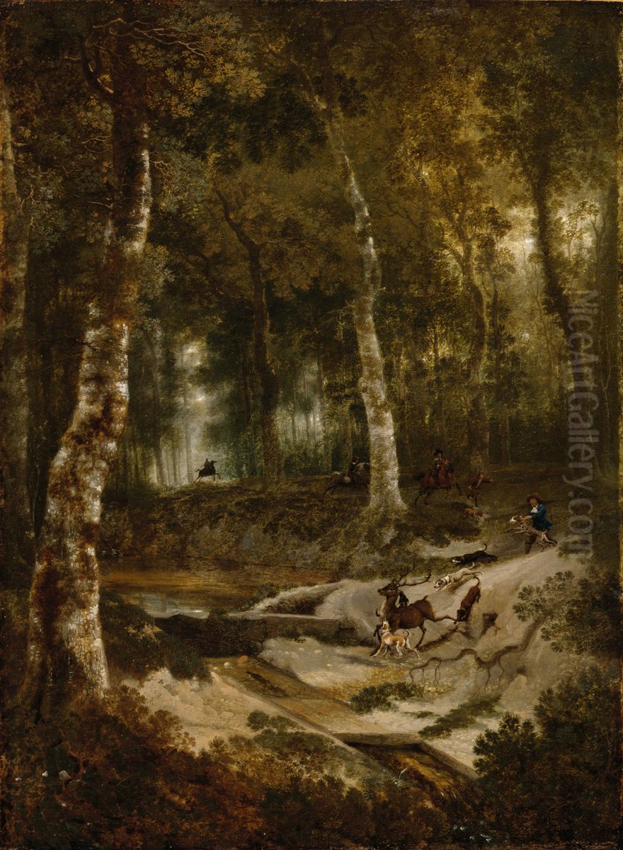 Forest Landscape with Stag Hunt Oil Painting by Jan Hackaert