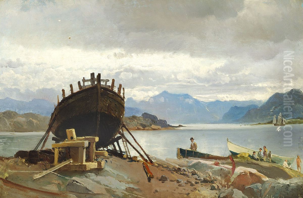 Scene from a shipbuilding site in Norway. Oil Painting by Carl Frederik Sorensen