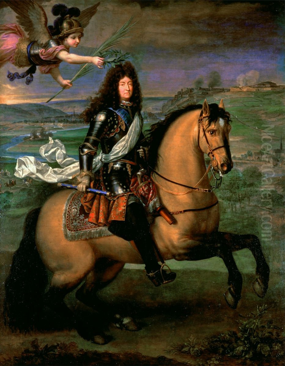 Louis XIV on horseback crowned with Victory before the siege of Namur Oil Painting by Pierre Mignard I