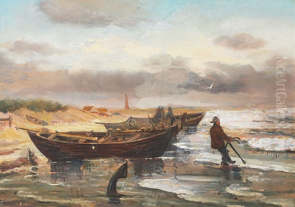 Fishermen and boats on the beach at Skagen, Denmark. Oil Painting by Carl Frederik Sorensen