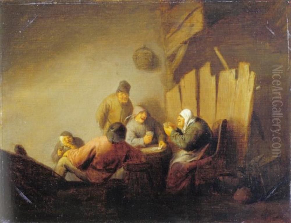 Peasants playing cards in an interior Oil Painting by Adriaen van Ostade