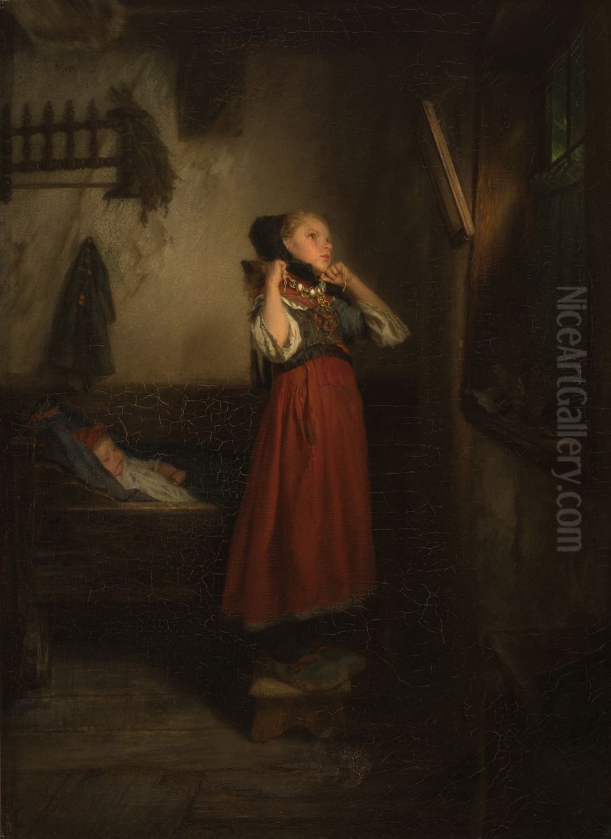 A Peasant Girl in front of a Mirror Oil Painting by Quido Manes