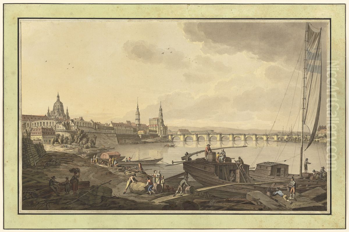 Dresden from the Banks of the Elbe River Oil Painting by Adrian Zingg