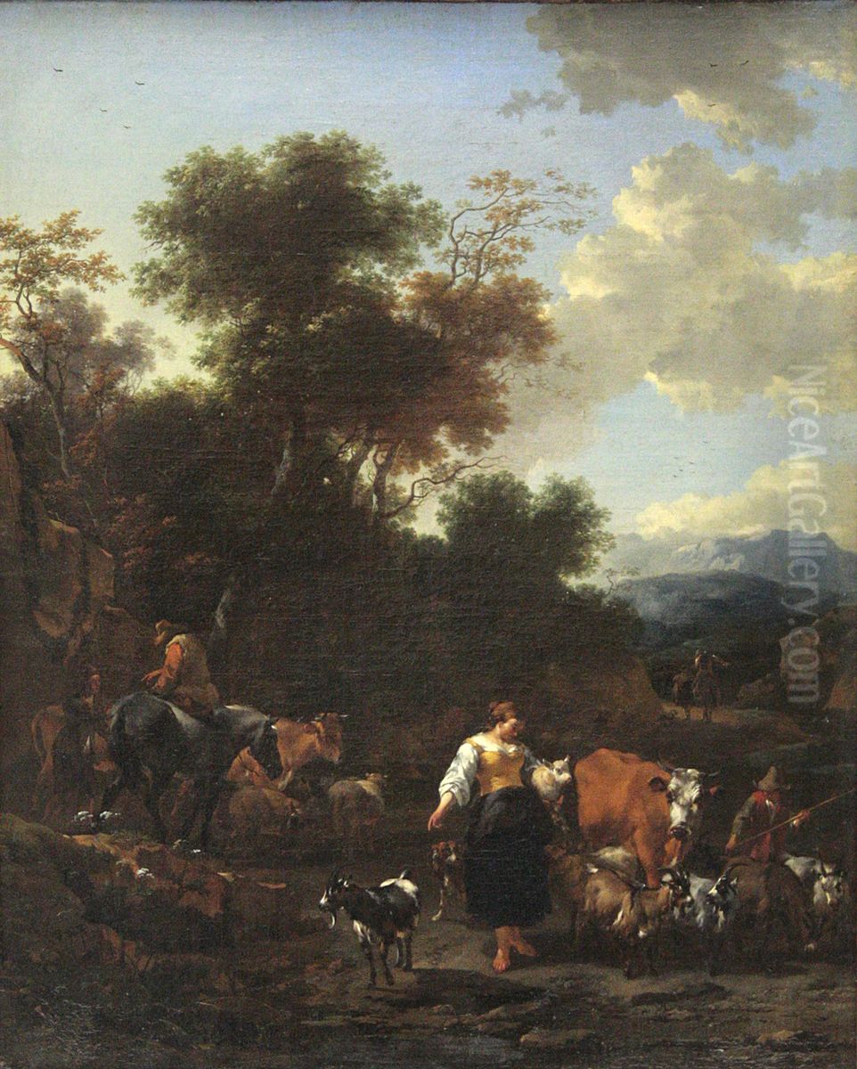 Italienische Landschaft mit Hirten an einem Flusslauf Oil Painting by Nicolaes Pieterszoon Berchem