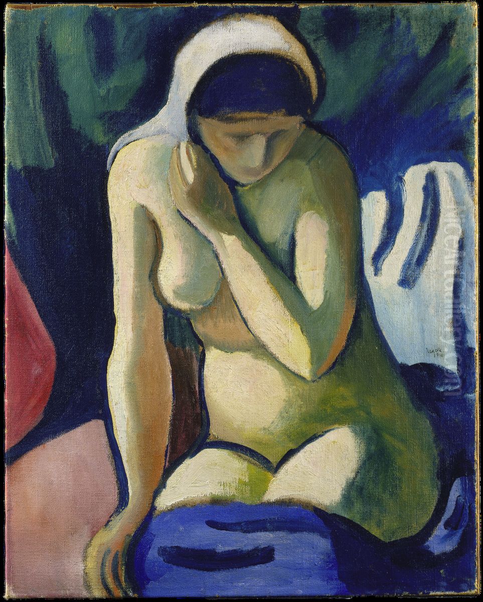 Nacktes Madchen mit Kopftuch Oil Painting by August Macke