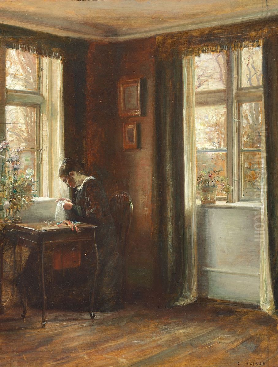 Interior. The artist's wife sewing by the window. Oil Painting by Carl Holsoe