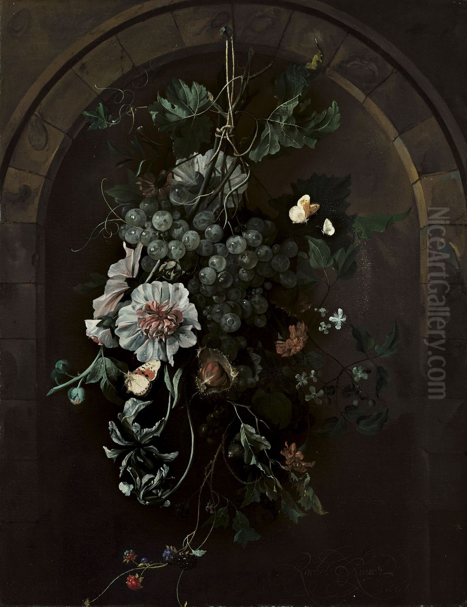 A swag of fruit and flowers suspended before a stone arch Oil Painting by Rachel Ruysch