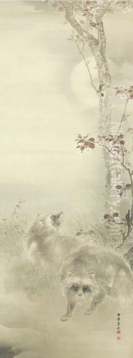 Two Badgers Oil Painting by Kishi Chikudo