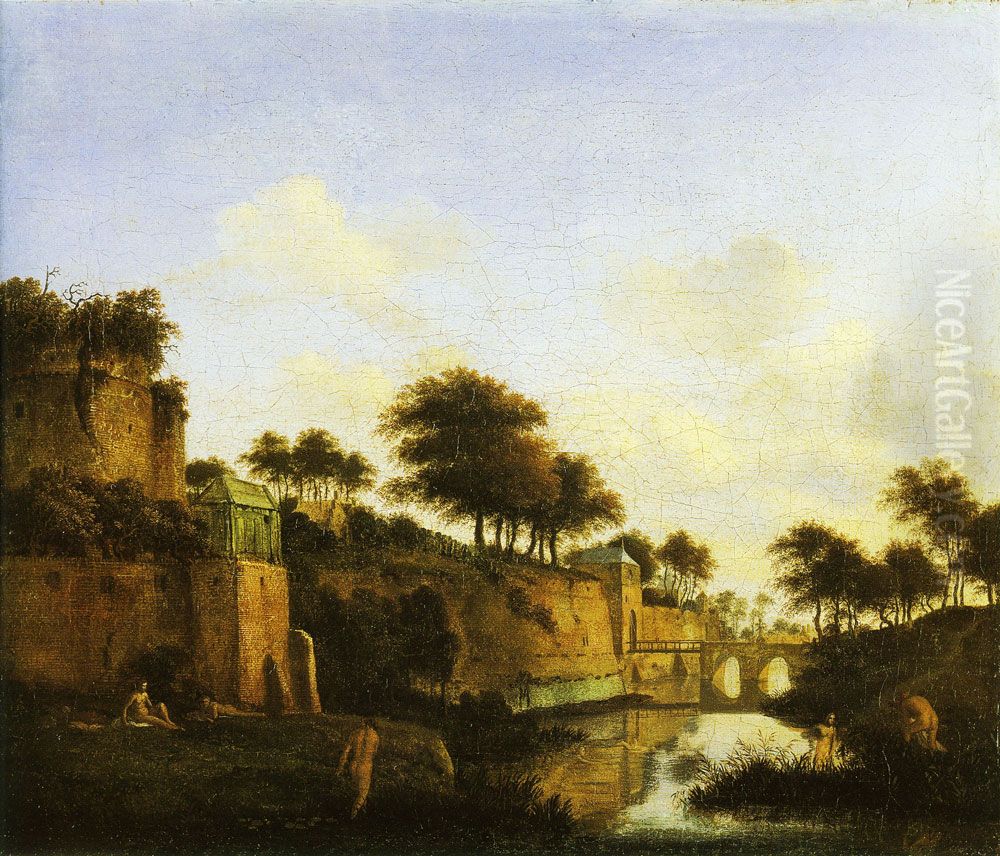 Landschap met baders aan de voet van een vestings- of stadswal Oil Painting by Jan Van Der Heyden