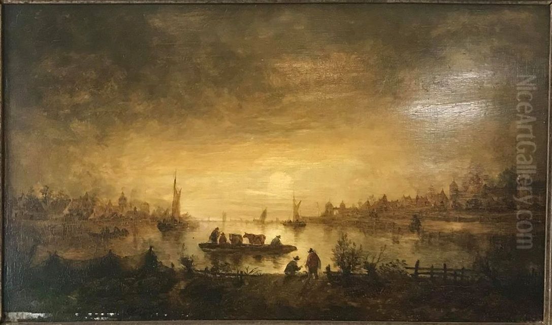 A Cattle Ferry Oil Painting by Aert van der Neer