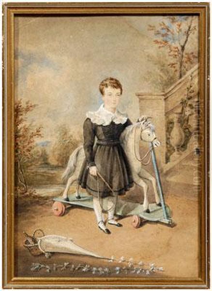 Boy Holding A Whip And Standing By Toyhorse In A Garden Oil Painting by James Warren Childe