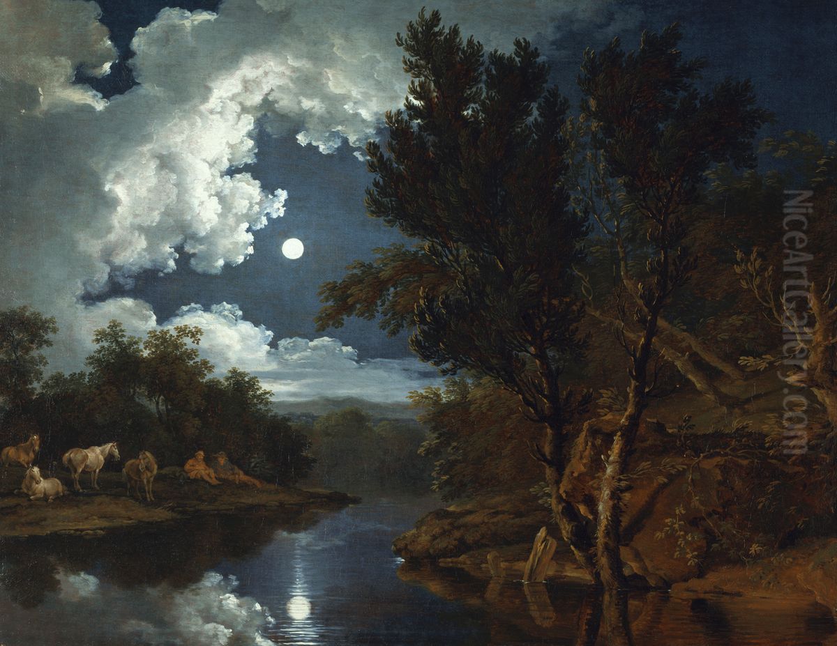 Flusslandschaft im Mondlicht Oil Painting by Ferdinand Kobell