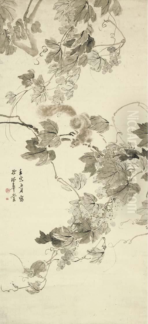 Wild Grapes And Squirrel Oil Painting by Tsubaki Chinzan