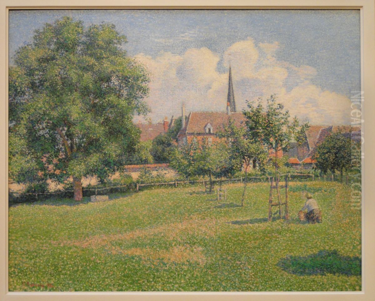 La Maison De La Sourde Et Le Clocher D'EragnyouLe grand noyer Oil Painting by Camille Pissarro