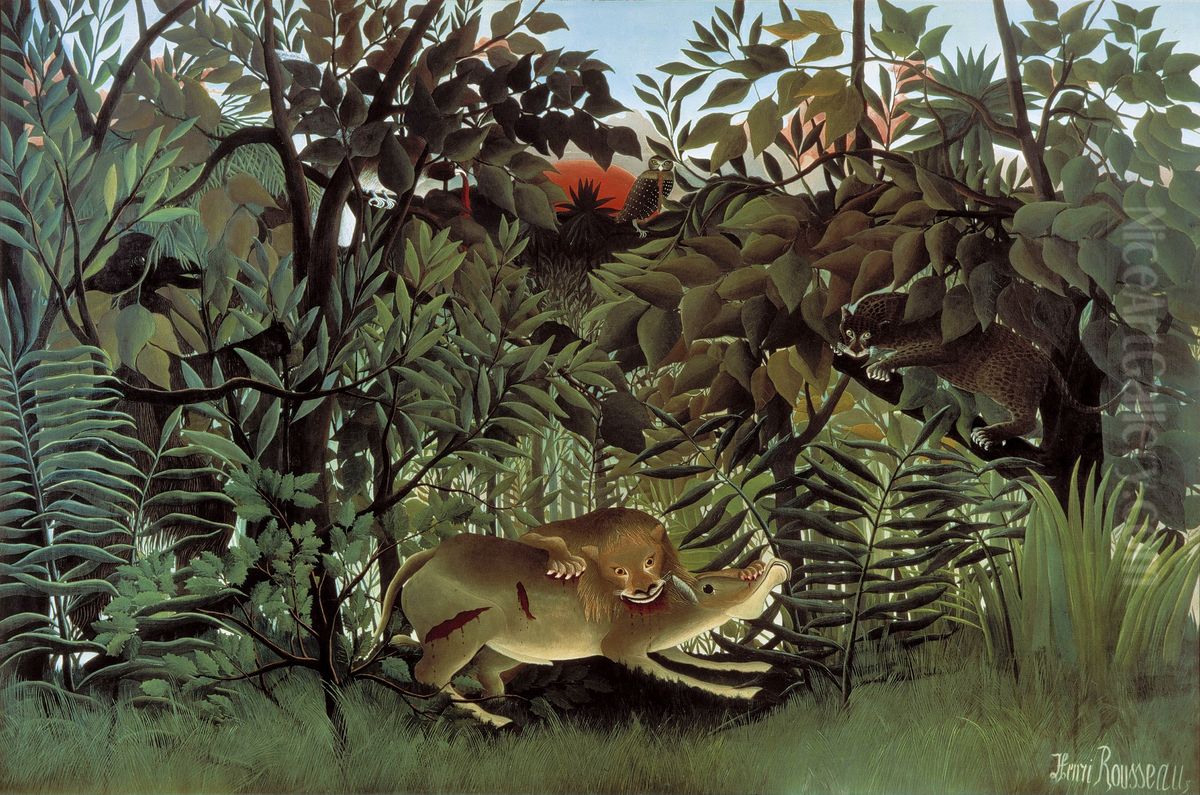 The Hungry Lion Attacking an Antelope Oil Painting by Henri Julien Rousseau