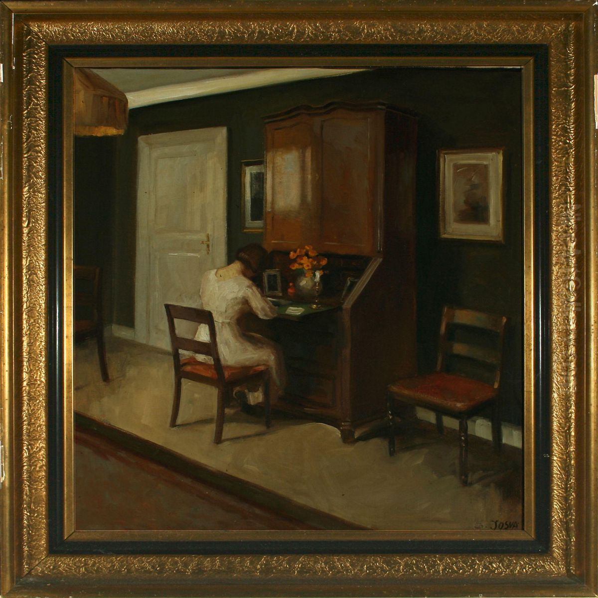 Interior With Woman At A Bureau Oil Painting by Soren Josua Christensen