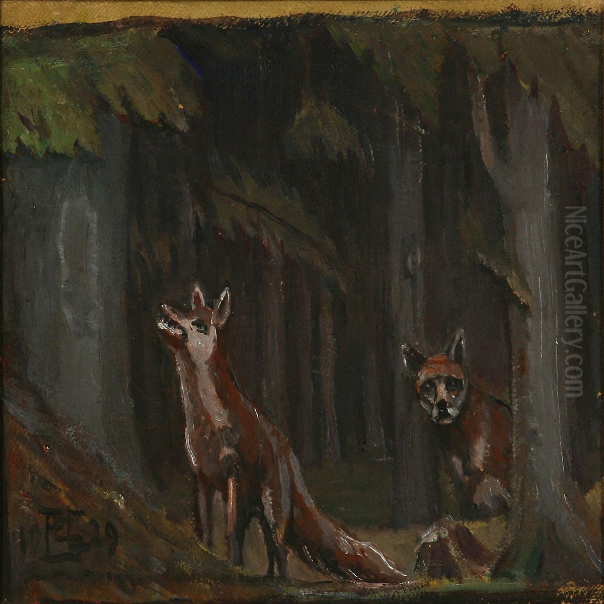 Foxes In The Woods Oil Painting by Poul S. Christiansen