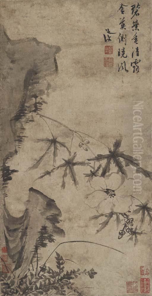 Musk Mallow And Rock Oil Painting by Chen Chun