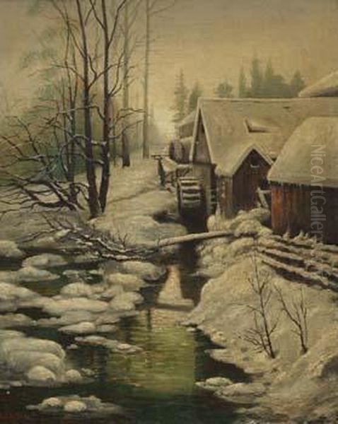 WinterScenes With Watermill And Woodland Oil Painting by Henry Church