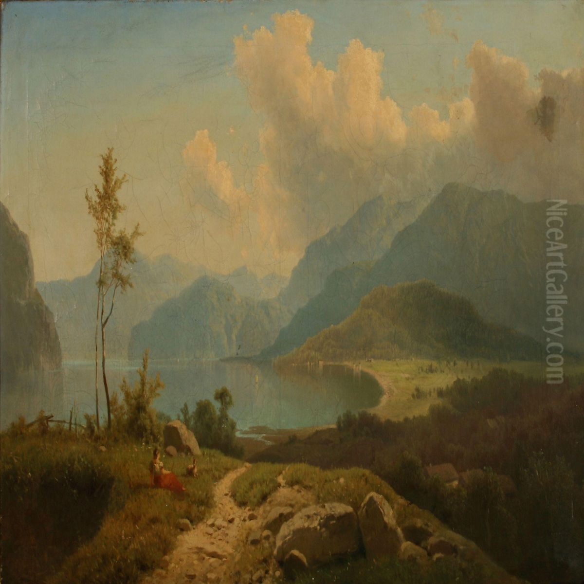 View From Konigssee With St. Bartholomew's ChurchNear The Coast. Oil Painting by Adolf Chwala