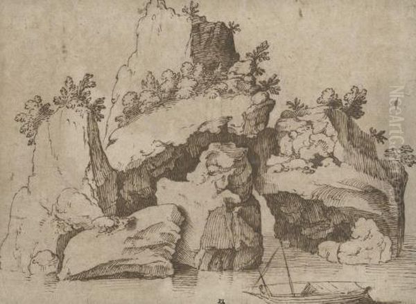 Un Paysage Marin Avec Un Ilot Rocheux, Un Bateau Au Premier Plan Oil Painting by Gherado Cibo