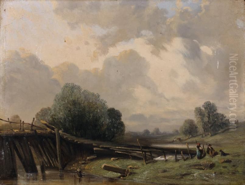 Paysage Au Pont Oil Painting by Eugene Ciceri