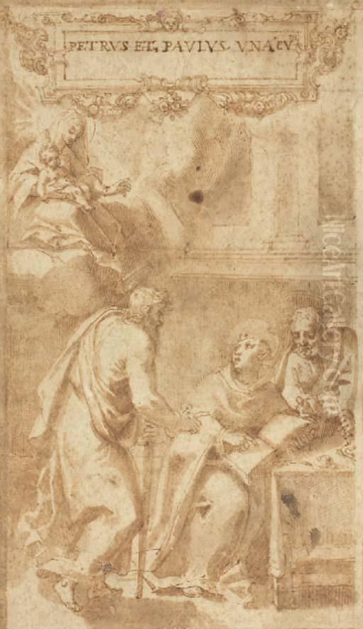 La Vierge A L'enfant Apparaissant A Saint Paul Et Saint Pierredictant La Regle A Saint Benoit Oil Painting by Antonio Cimatori