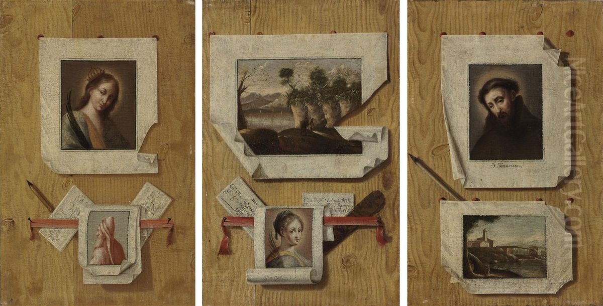 A Trompe L'oeil Still Life With A Painting Of Saint Francis Ofassisi Pinned To A Wall; And Two Companion Trompe L'oeilpaintings Oil Painting by Antonio Cioci or Ciocchi