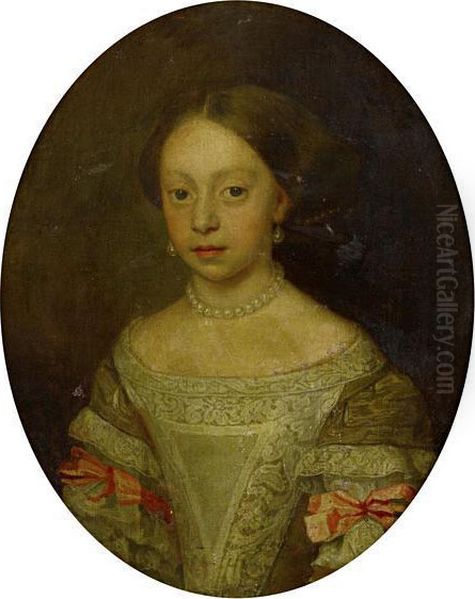 Portrait Of A Young Lady, Half-length, In A Green Dress With Pink Bows, And A Pearl Necklace And Earrings Oil Painting by Pier Francesco Cittadini