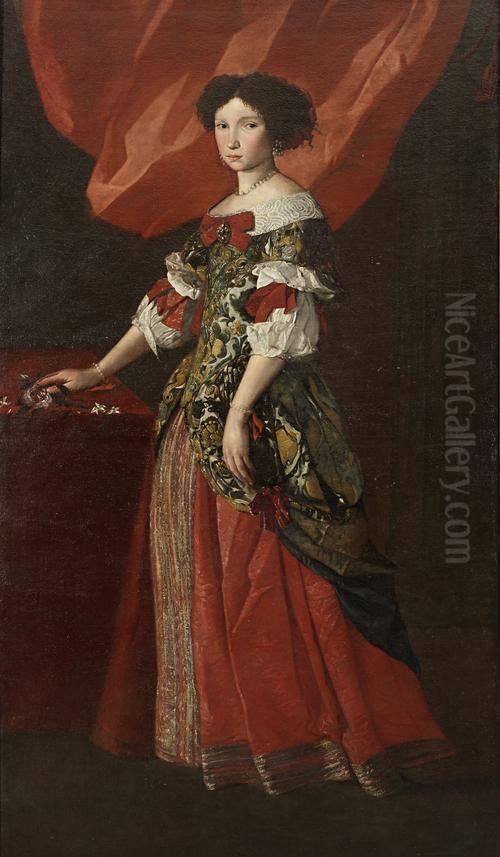 Portrait Of A Lady, Full-length, In A Red Andgold Brocade Dress Standing Before A Red Curtain Oil Painting by Pier Francesco Cittadini