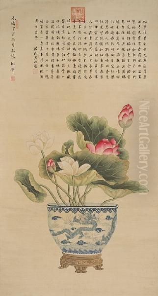 Lotus In A Pot Oil Painting by Empress Cixi Manchu-Chinese