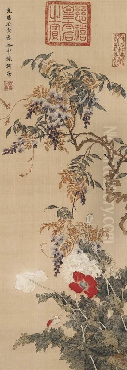 Wisteria And Flowers Oil Painting by Empress Cixi Manchu-Chinese