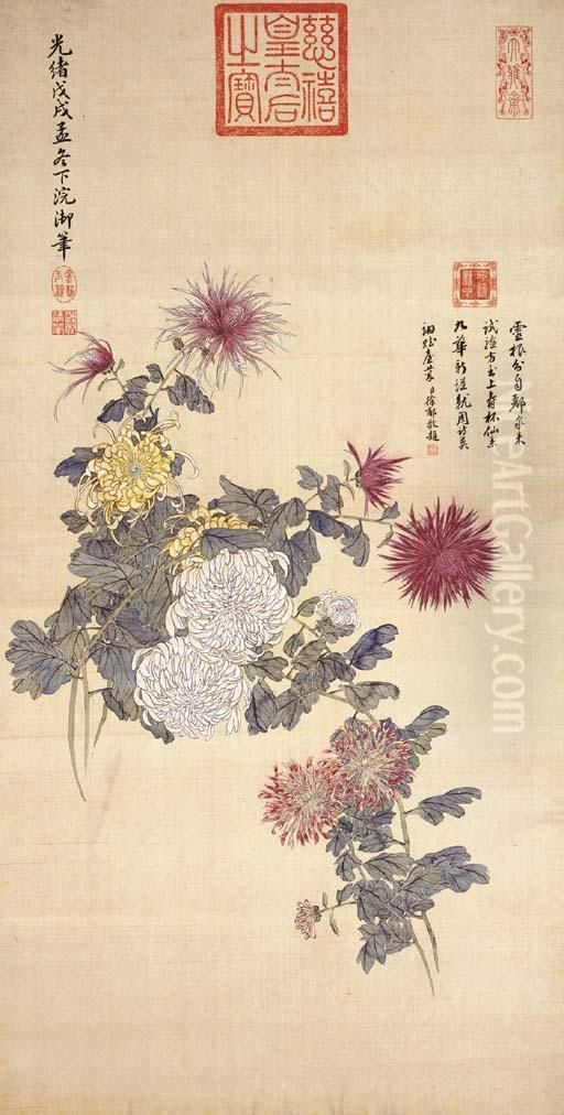 Chrysanthemum Oil Painting by Empress Cixi Manchu-Chinese