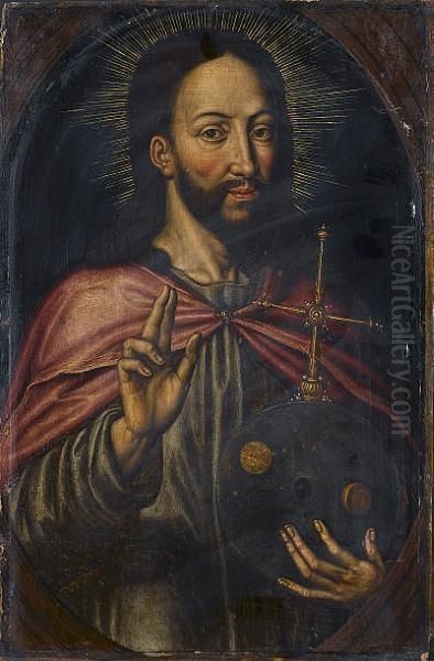 Christ As Salvator Mundi, In A Painted Arch Oil Painting by Anthonie Claeissens