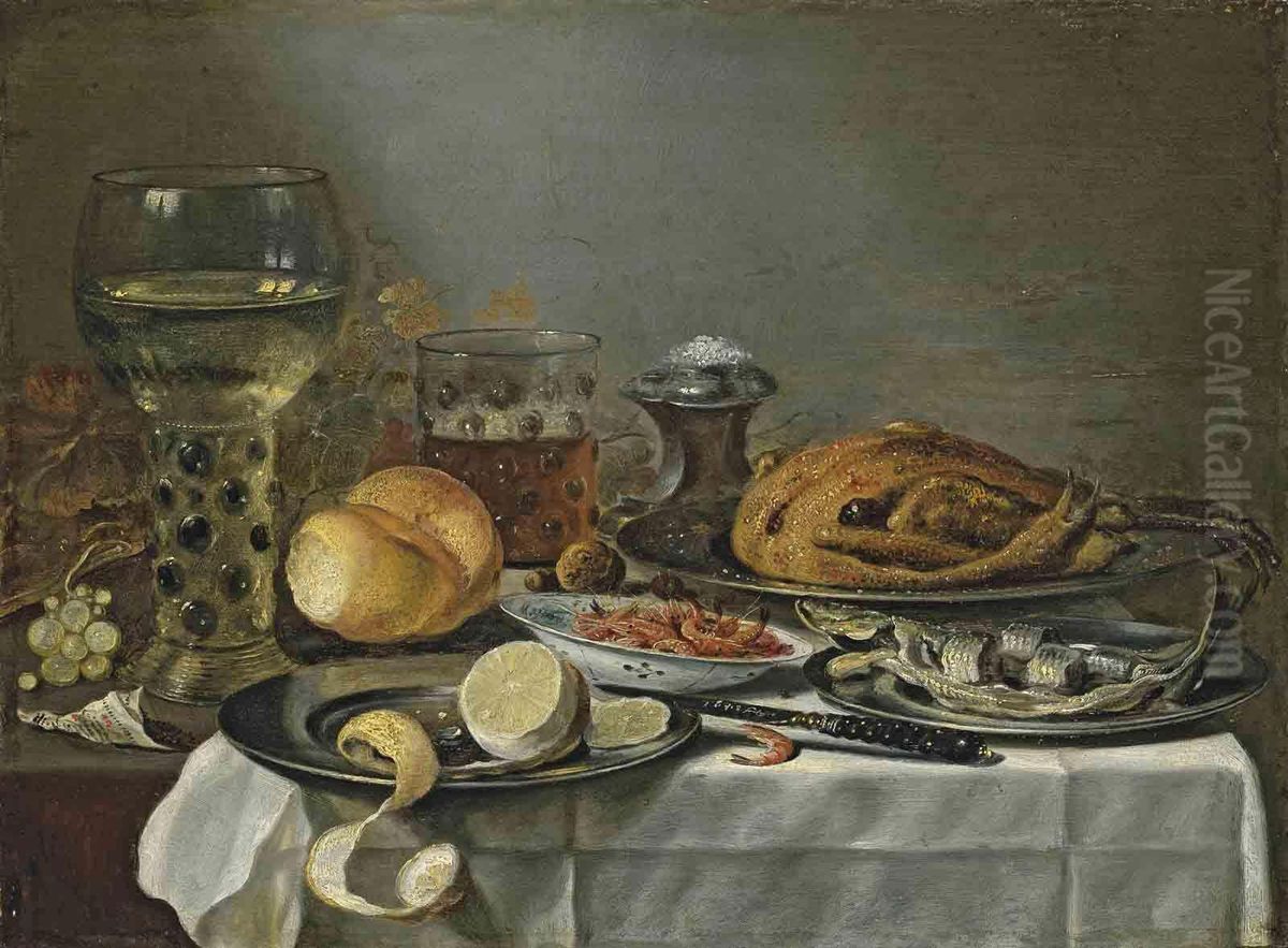 A Half-peeled Lemon On A Pewter Platter, A Roemer Filled With Wine,shrimps In A Porcelein Bowl, A Glass Of Beer, A Mackerel On Apewter Platter, A Salt Cellar, A Cooked Bird On A Pewter Plate,bread, Chestnuts, Grapes And Tabacco On A Partly Draped Oil Painting by Pieter Claesz.