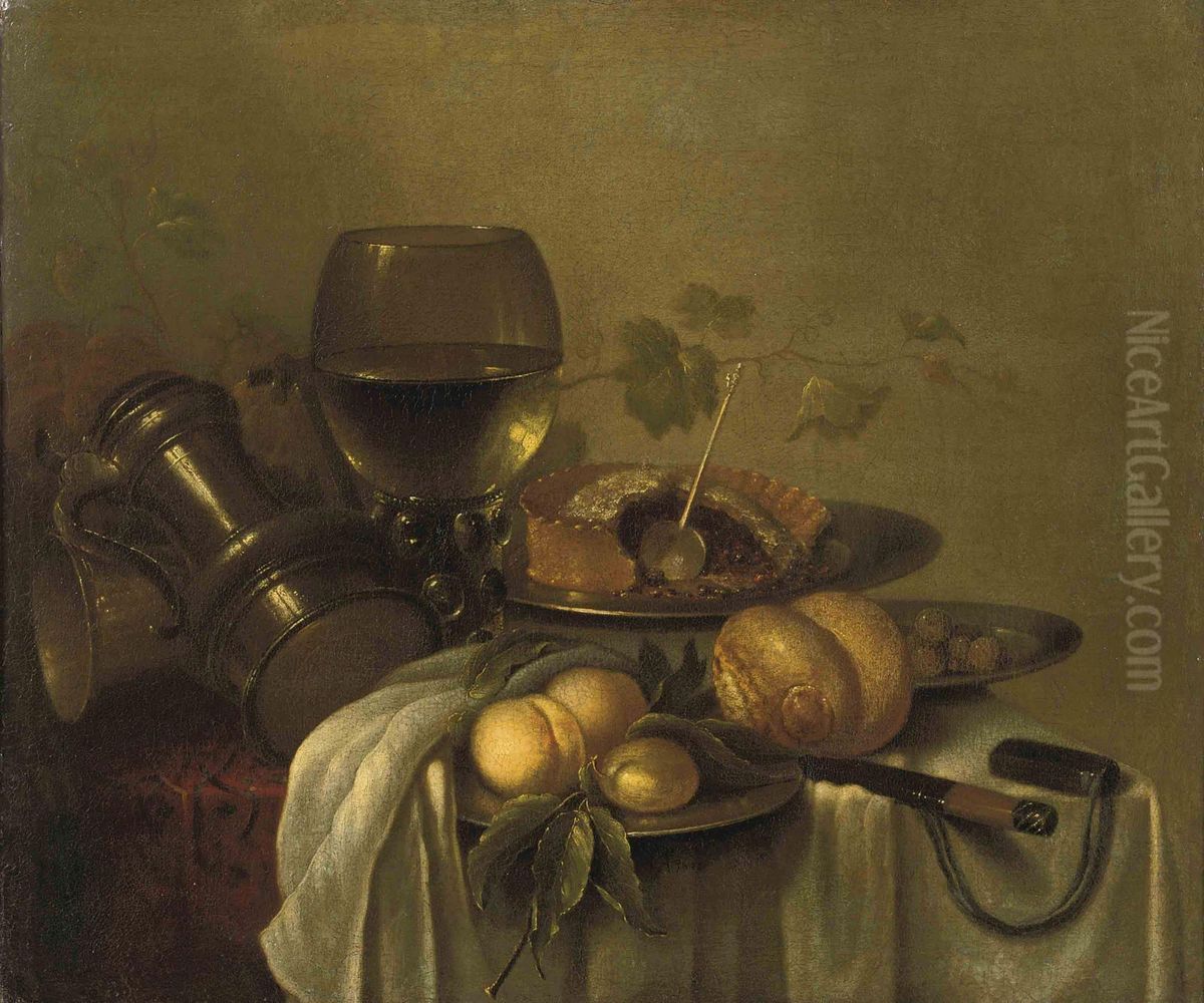 Peaches On A Silver Platter, An Overturned Pewter Jug, A Roemerwith White Wine, A Bread Roll, Olives And A Pie On A Silverplatter, Together With Other Objects On A Partially Drapedtable Oil Painting by Pieter Claesz.