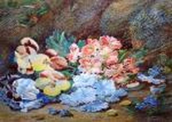 Primula And Violas On A Mossy Bank Oil Painting by Vincent Clare