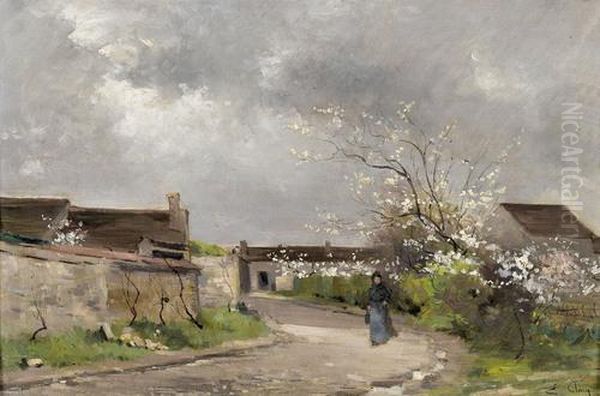 Dorfpartie Mit Bauerin Bei Einem Kirschbaum Oil Painting by Jean Eugene Clary