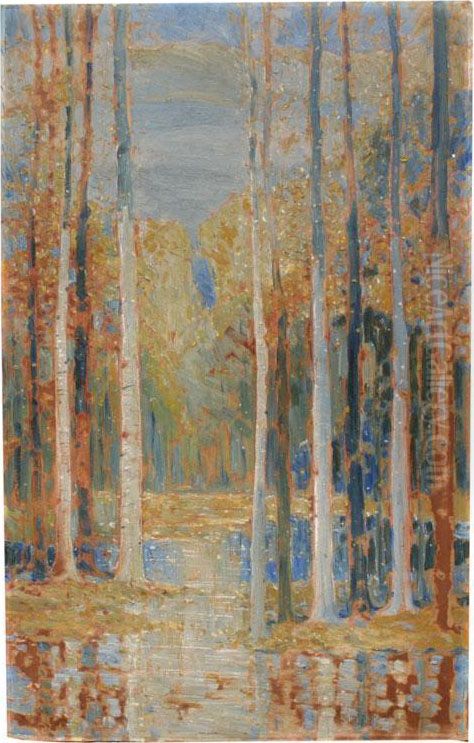 Indiana Landscape With Birches And Forest Stream Oil Painting by Charles H Clawson